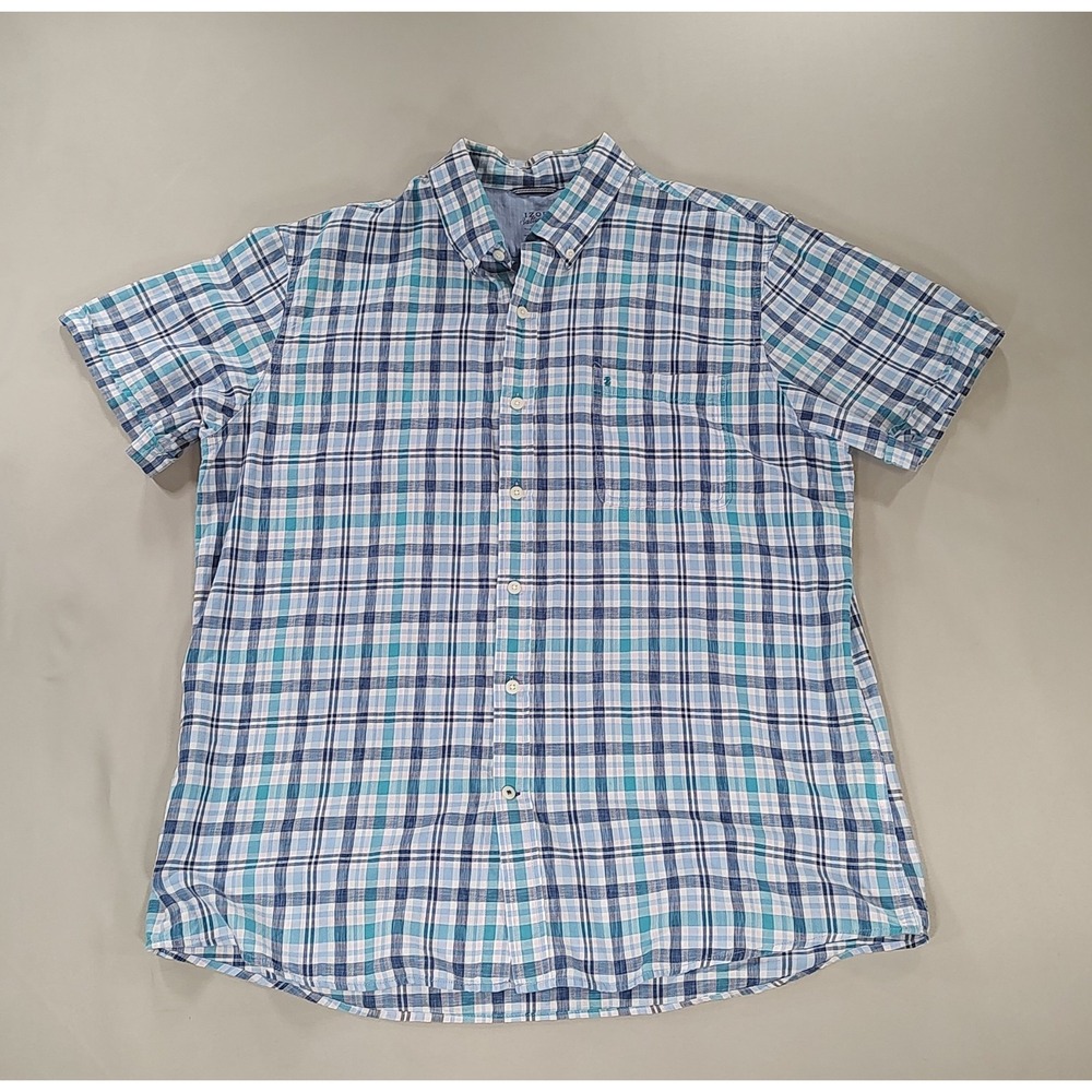 IZOD Saltwater Resort Shirt Mens XL Blue Plaid Short Sleeve Button Up Cotton